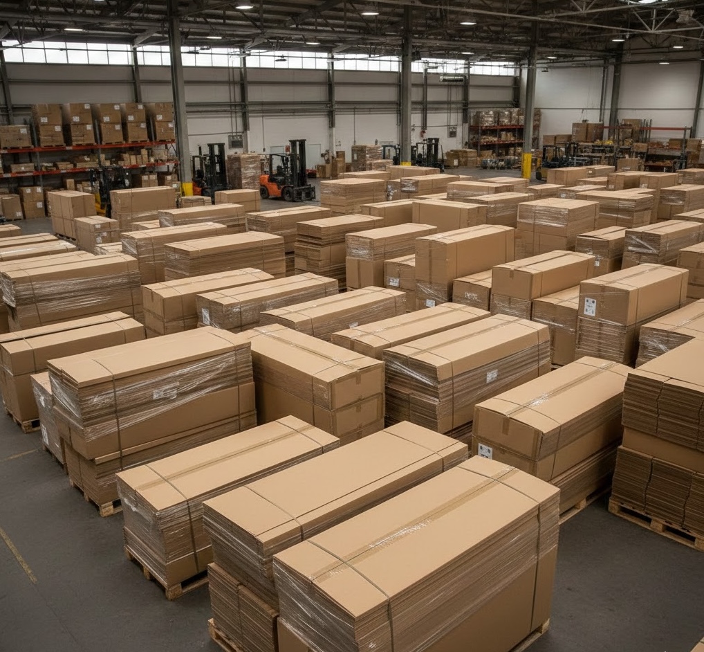 Massive warehouse floor with rows of palletized gaylord boxes